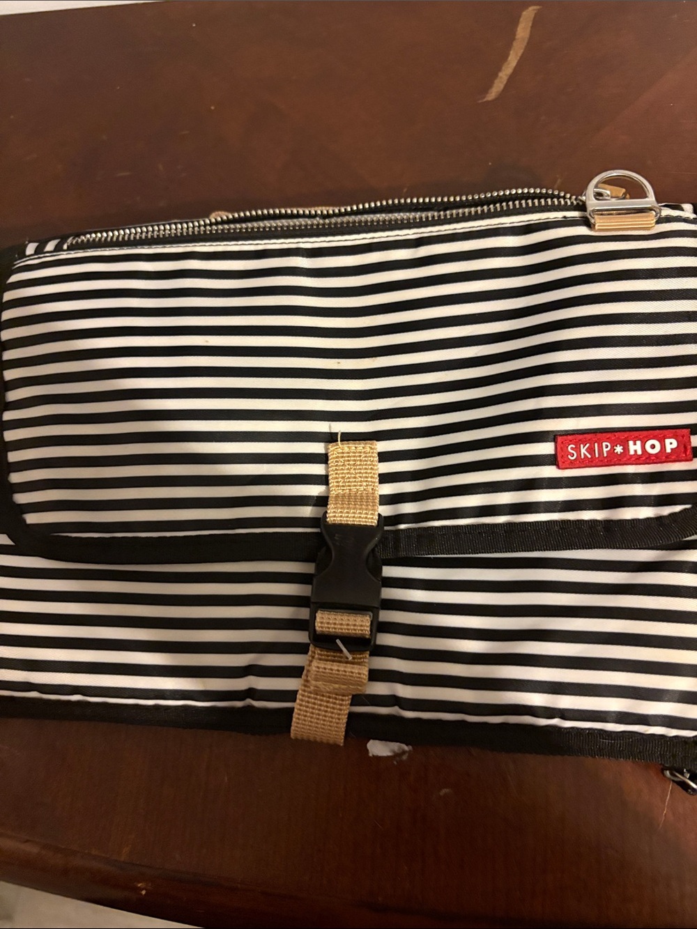 Skip Hop Black and White Striped Baby Bag with Tan Strap